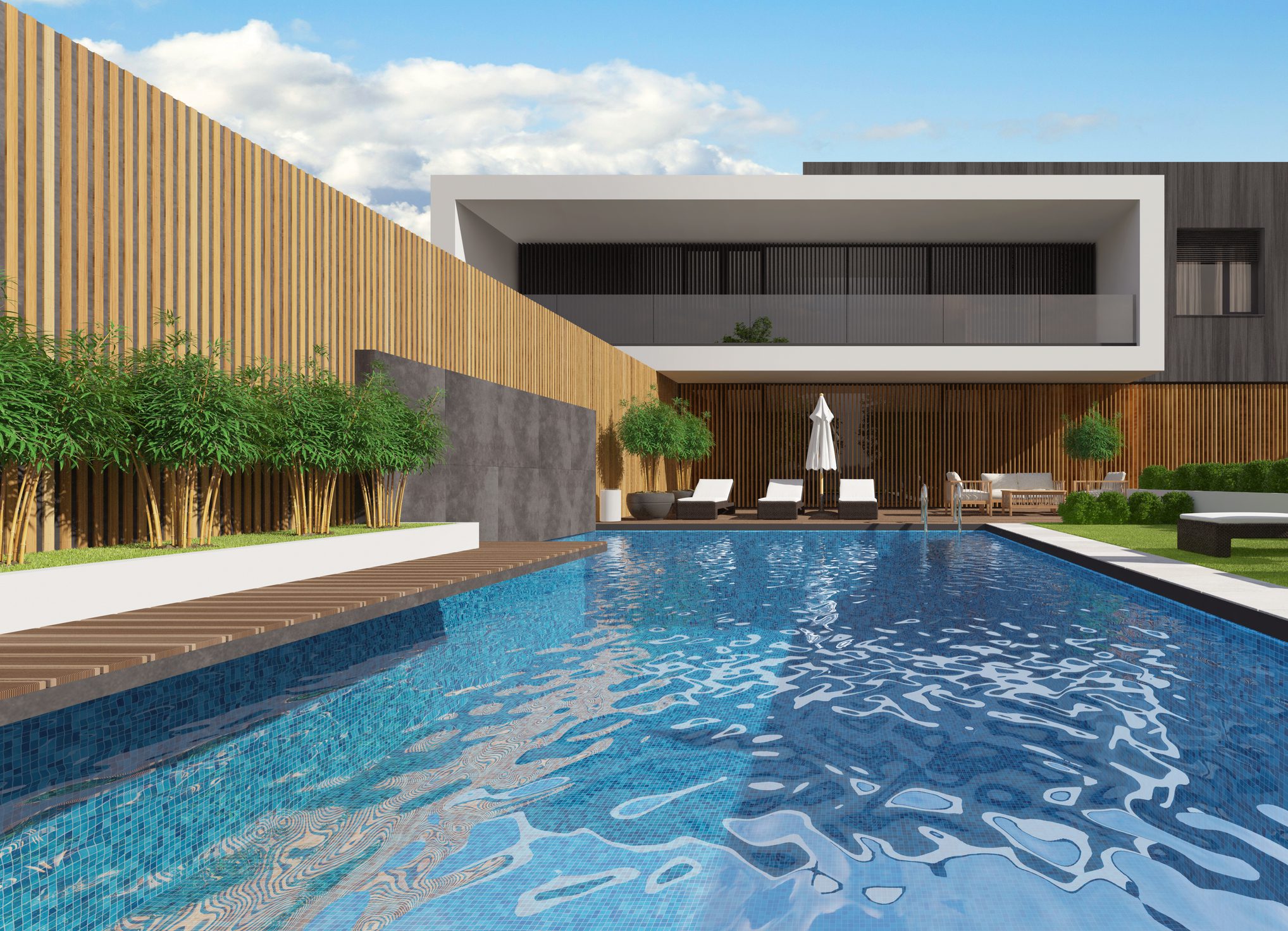 Stylish backyard pool and wooden deck
