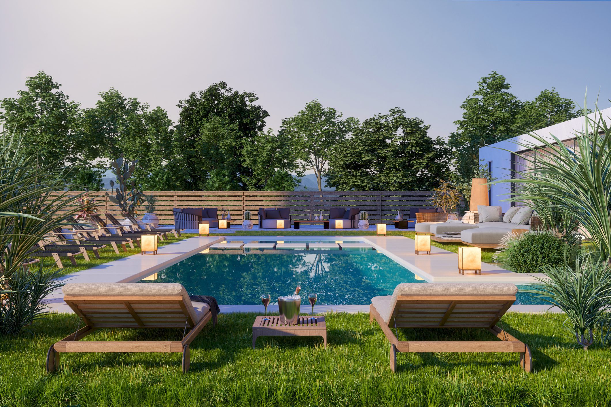 Luxurious outdoor pool with lounge chairs.
