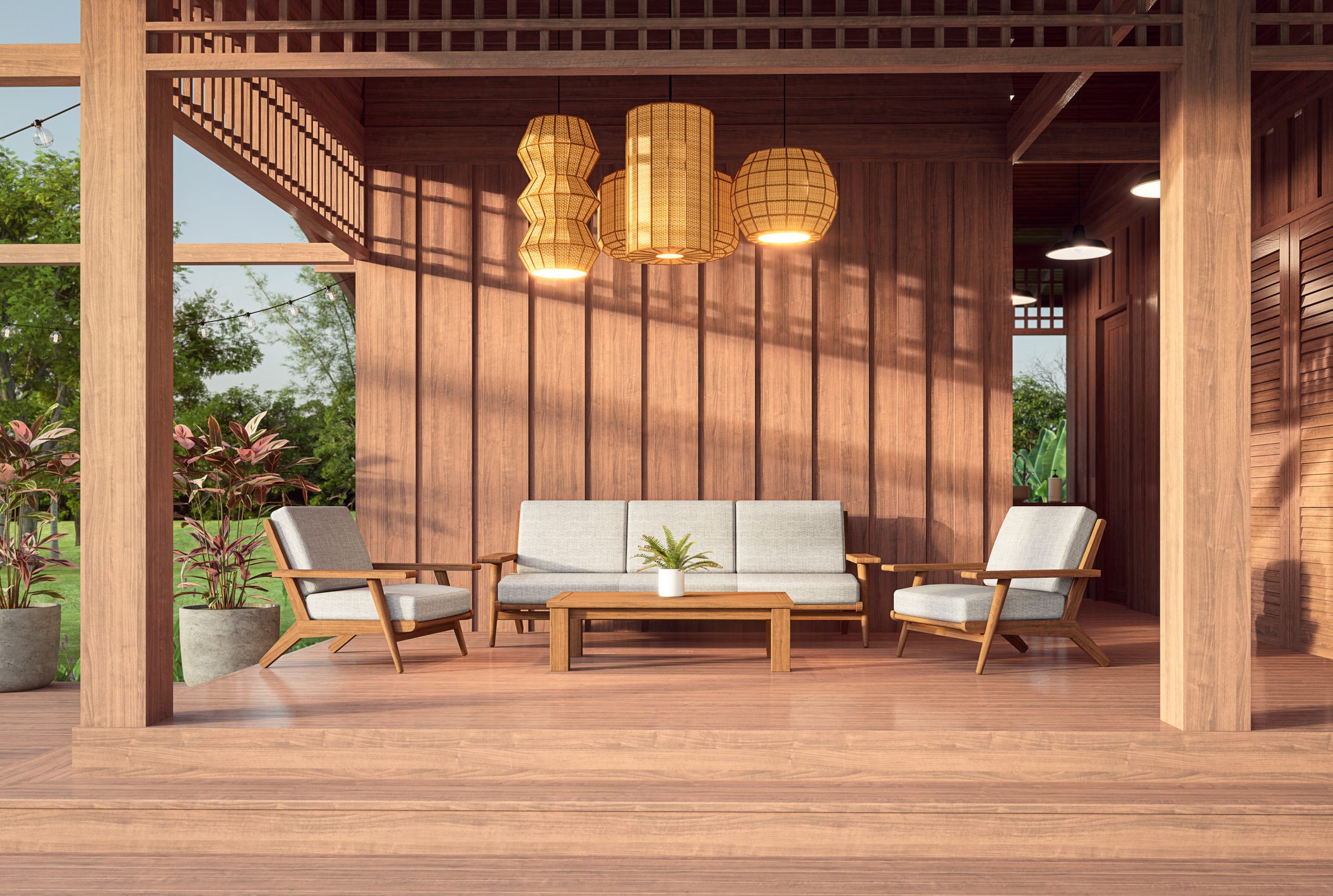 Contemporary wooden terrace with plank wall 3d render decorated with white fabric and lamp made from woven bamboo overlooking nature view