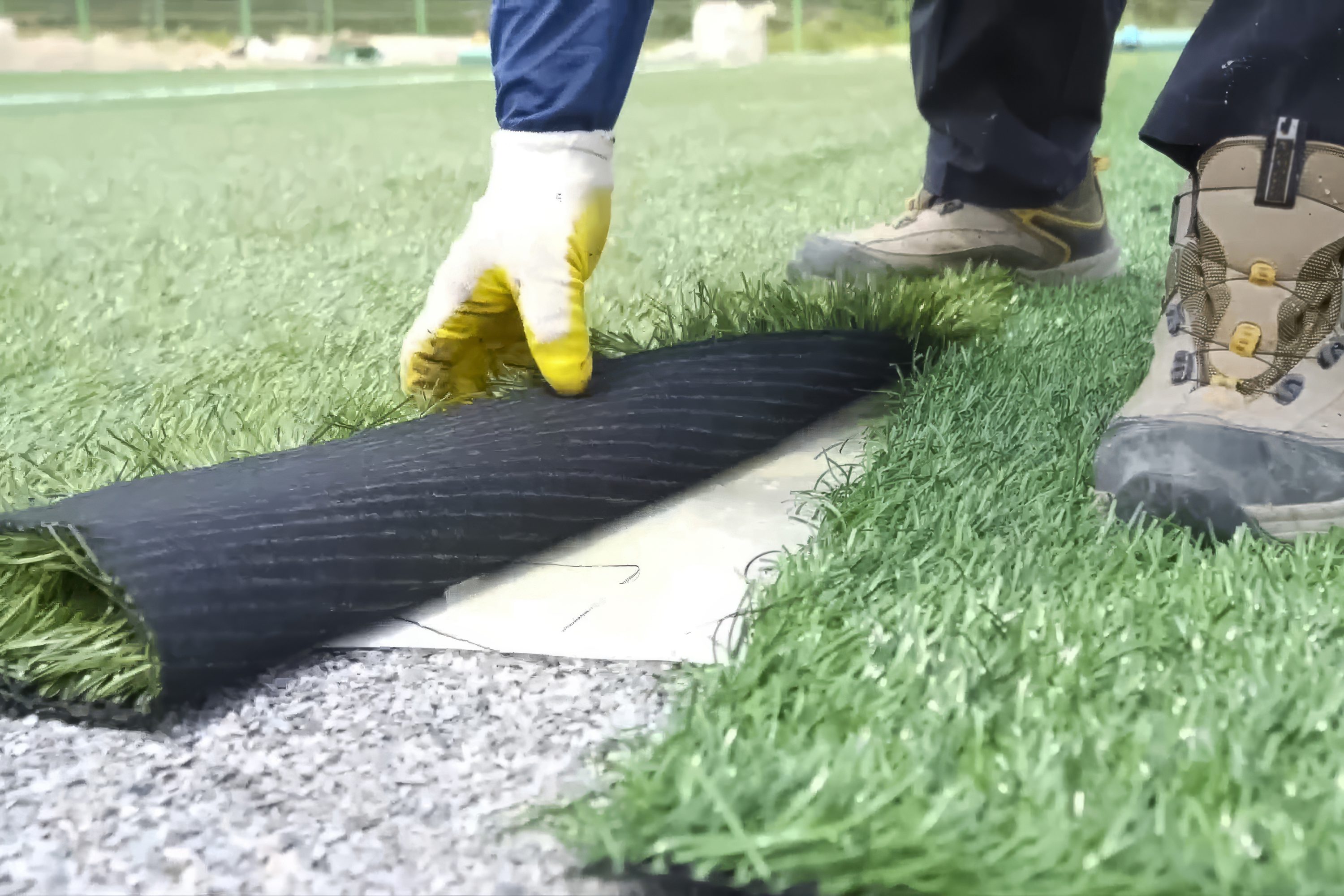 Spreading artificial turf in the stadium, rolling out rolls of lawn and leveling.